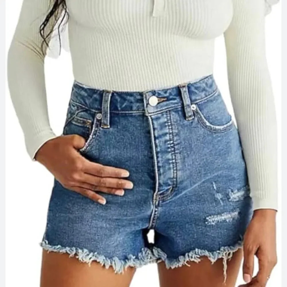 NWT Free People Blue Distressed High-Rise Jean Shorts